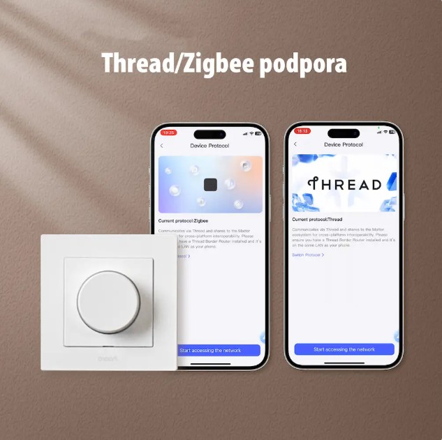 AQARA Dimmer Switch H2 EU s podporou protokolů Zigbee a Thread a možností výběru komunikačního protokolu v aplikaci.