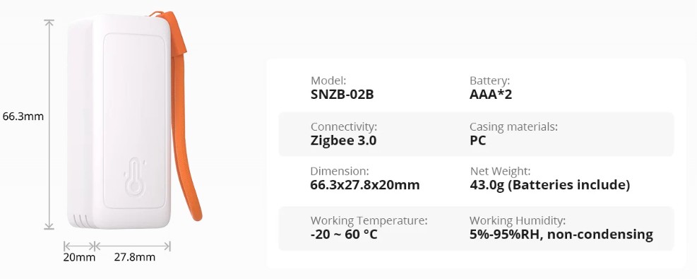 Rozměry a technické parametry senzoru SONOFF SNZB-02B AirGuard TH Lite včetně rozměrů 66,3 × 27,8 × 20 mm, napájení dvěma bateriemi AAA a provozního rozsahu teplot a vlhkosti.