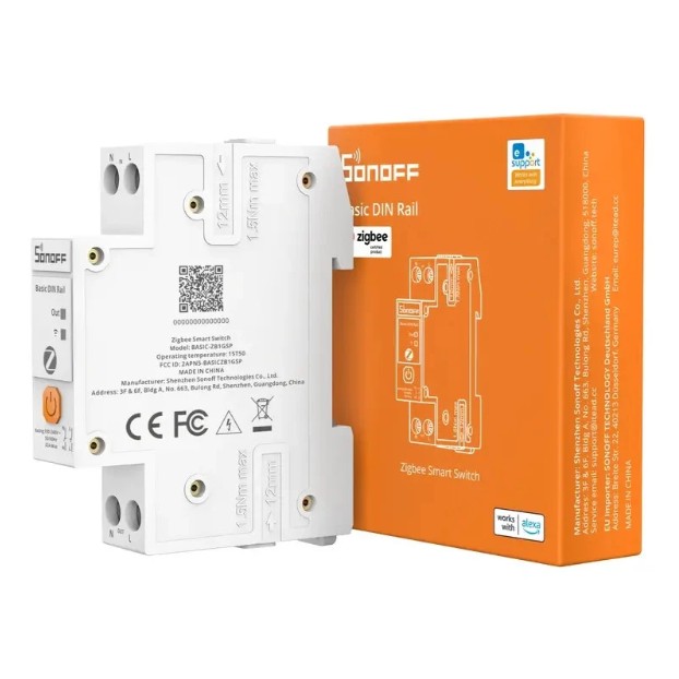 SONOFF BASIC-ZB1GSP Zigbee smart spínač s měřením spotřeby vedle originálního oranžového prodejního balení.