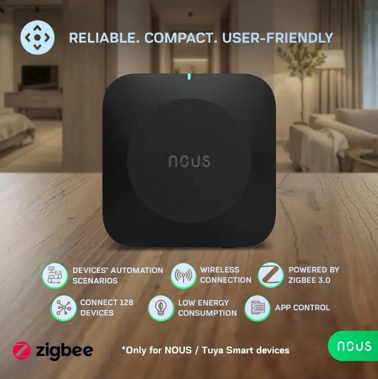 Zigbee brána NOUS E15 umístěná na stole v interiéru s ikonami zobrazujícími automatizace, bezdrátové připojení a podporu Zigbee 3.0.