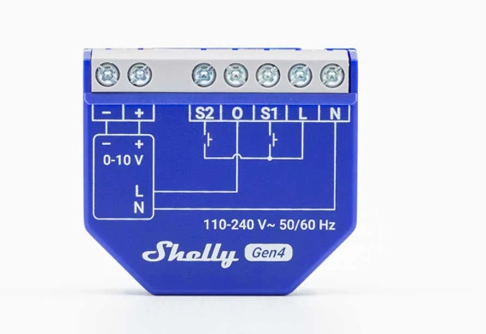 Detail Shelly Dimmer 0/1–10V PM Gen4 se svorkami S1, S2, L, N a výstupem 0–10 V