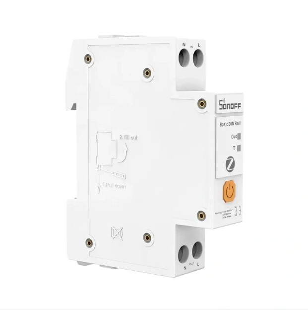 Zadní a boční pohled na SONOFF BASIC-ZB1GSP Zigbee smart spínač s měřením spotřeby určený pro montáž na DIN lištu v elektrickém rozvaděči.