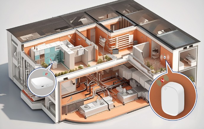 Senzor teploty a vlhkosti MOES ZSS-S01-TH-C ZigBee znázorněný v řezu domu, kde jsou vyznačena místa pro měření teploty a vlhkosti v interiéru