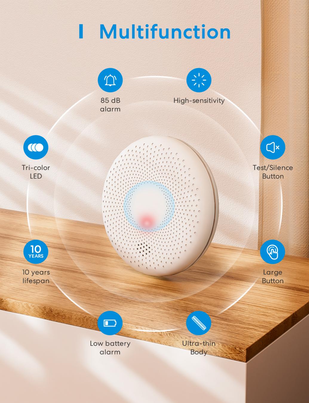 Meross CS11-EU kombinuje detekci kouře a oxidu uhelnatého, 85 dB alarm, testovací tlačítko, LED indikaci a výdrž až 10 let.