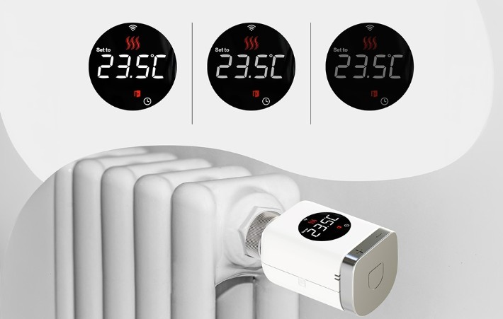 Termostatická hlavice MOES TRV 801 ZigBee na radiátoru s ukázkou různých stavů displeje