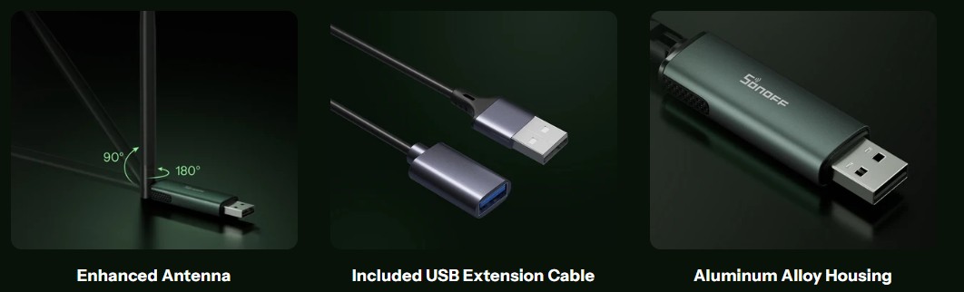 SONOFF Dongle Plus 2674P10 s nastavitelnou externí anténou, USB prodlužovacím kabelem a hliníkovým tělem