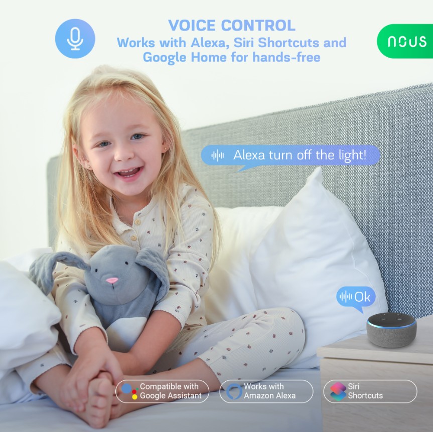 Dítě ovládá osvětlení hlasovým příkazem prostřednictvím Amazon Alexa, chytrá žárovka NOUS P8 podporuje také Google Assistant a Siri Shortcuts.
