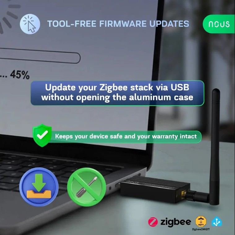 Aktualizace firmwaru NOUS E16 Zigbee koordinátoru přes USB bez nutnosti otevření hliníkového krytu zařízení