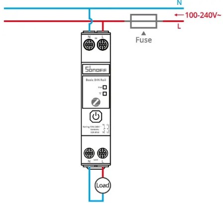 Schéma zapojení SONOFF BASIC-ZB1GSP na DIN liště s přívodem napájení, pojistkou a připojenou elektrickou zátěží.