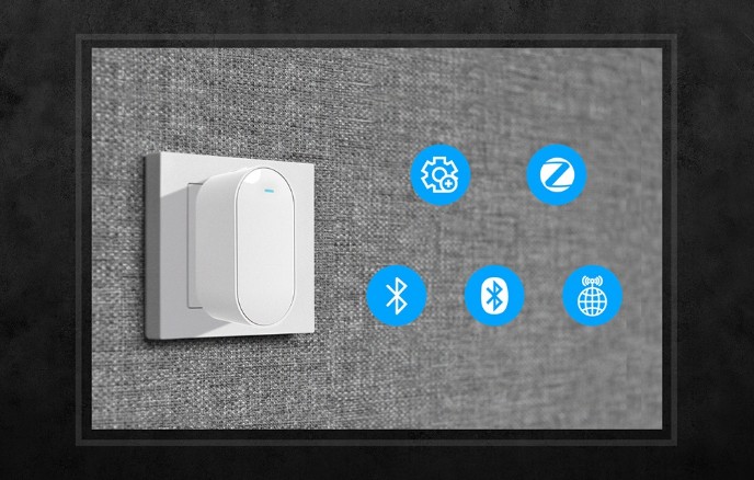 Brána MOES MPH-S1 zapojená v elektrické zásuvce na stěně, doplněná ikonami nastavení, MOES, Bluetooth a bezdrátového připojení