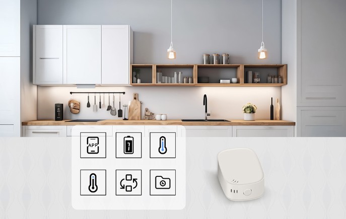 Senzor teploty a vlhkosti MOES ZSS-S01-TH-C ZigBee v kuchyni s přehledem ikon funkcí, včetně mobilní aplikace, měření teploty a vlhkosti a automatizace