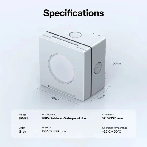 Rozměry a technické specifikace vodotěsného boxu SONOFF EWPB s rozměry 90 × 90 × 61 mm a provozní teplotou −25 až 50 °C