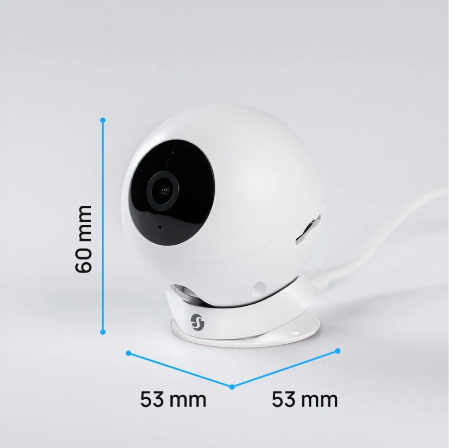 Rozměry bílé kamery Shelly Camera White se stojánkem, výška 60 mm a rozměry základny 53 × 53 mm