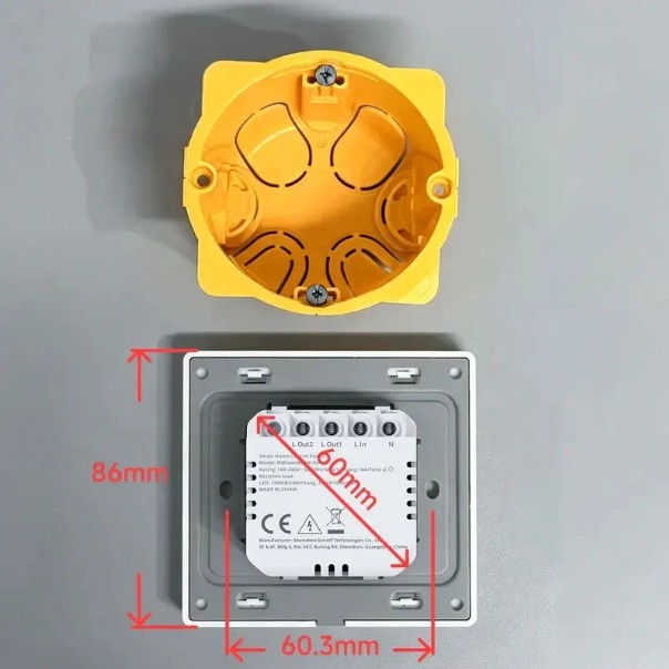 Porovnání rozměrů Sonoff NSPanel Pro Gen2 a instalační elektroinstalační krabice pro montáž do zdi.