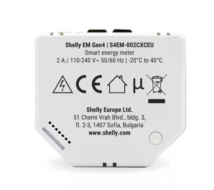 Zadní strana elektroměru Shelly EM Gen4 s označením modelu a technickými údaji zařízení.