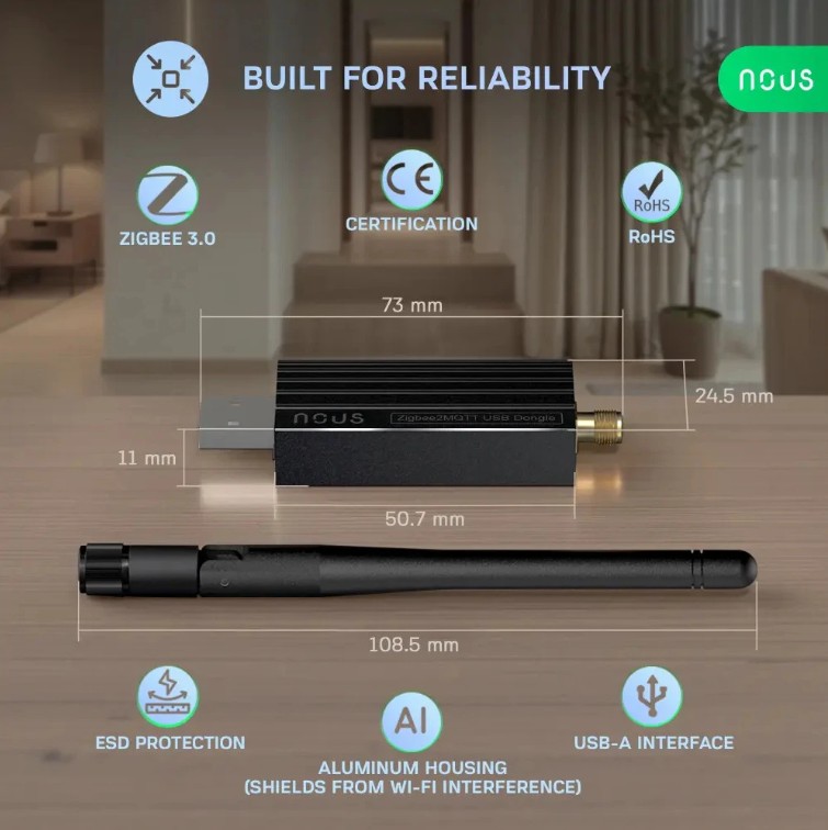 NOUS E16 Zigbee2MQTT USB koordinátor s externí anténou, hliníkovým tělem, USB-A konektorem a rozměry zařízení i antény