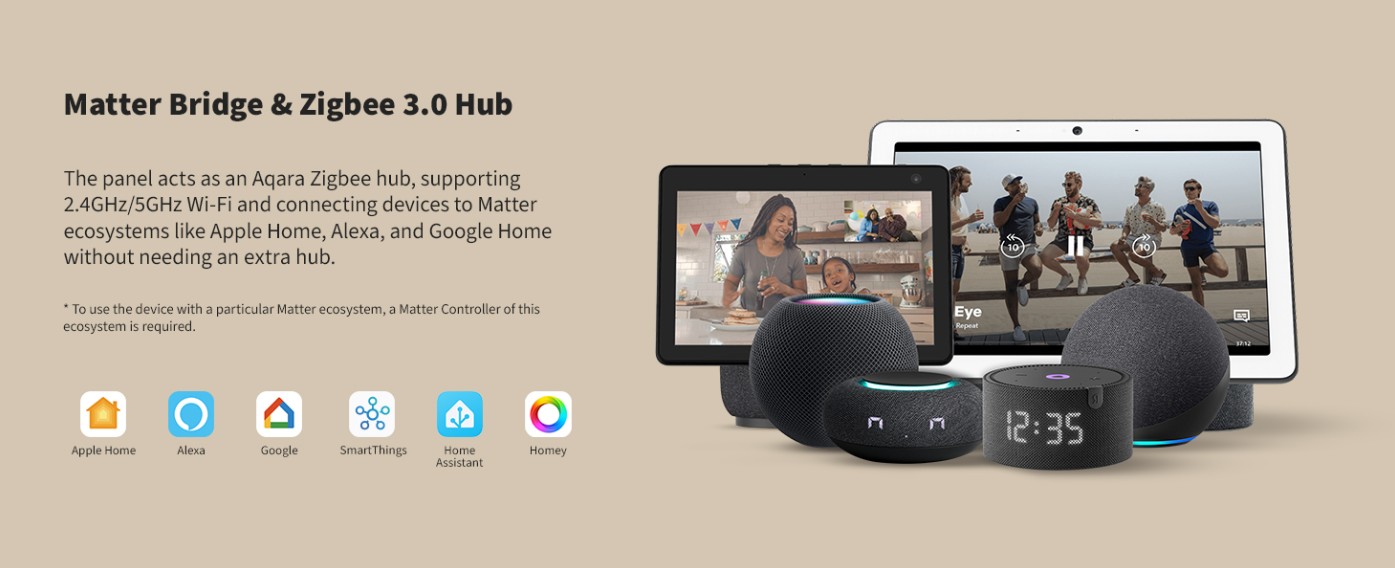 AQARA Panel Hub S1 Plus EU fungující jako Matter Bridge a Zigbee 3.0 hub pro propojení chytré domácnosti.