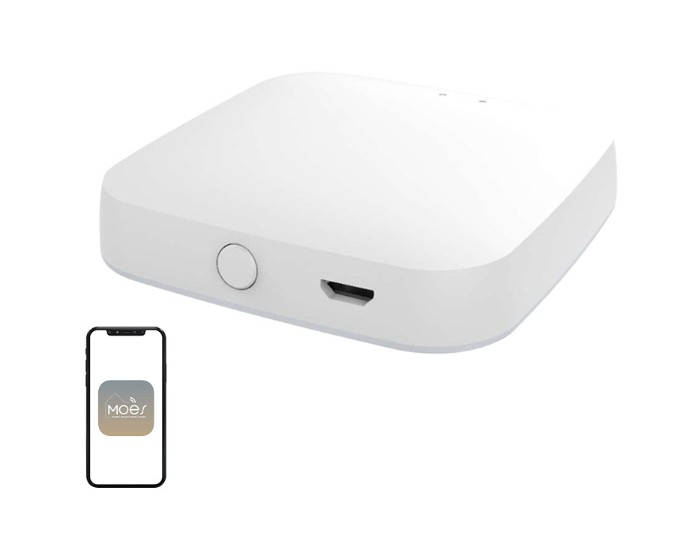 Bílá centrální jednotka Moes Zigbee Hub s mobilním telefonem