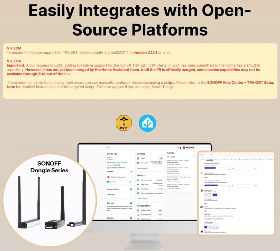 SONOFF TRV ZBT Gen 2 s podporou otevřených platforem Zigbee2MQTT a Home Assistant prostřednictvím kompatibilních SONOFF Zigbee koordinátorů