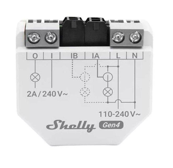 Přední pohled na Shelly EM Gen4 se svorkami pro připojení a schématem zapojení.