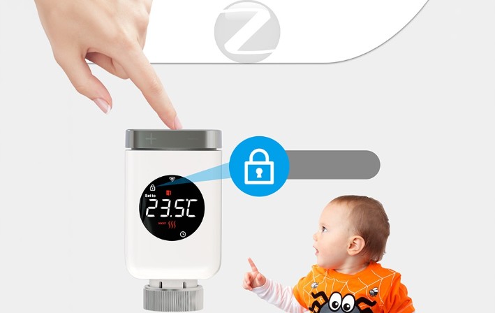 Termostatická hlavice MOES TRV 801 ZigBee s aktivovaným dětským zámkem