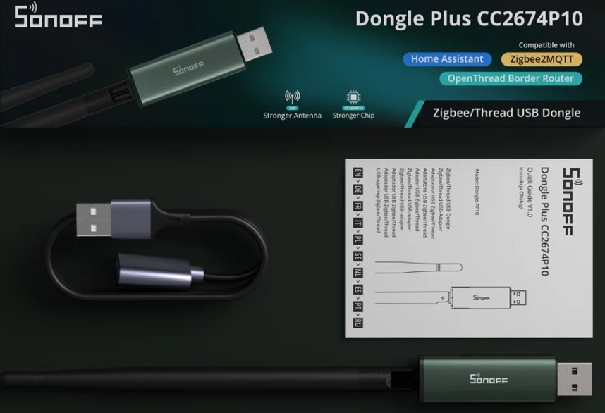 Obsah balení SONOFF Dongle Plus 2674P10 s USB prodlužovacím kabelem, externí anténou a návodem k použití