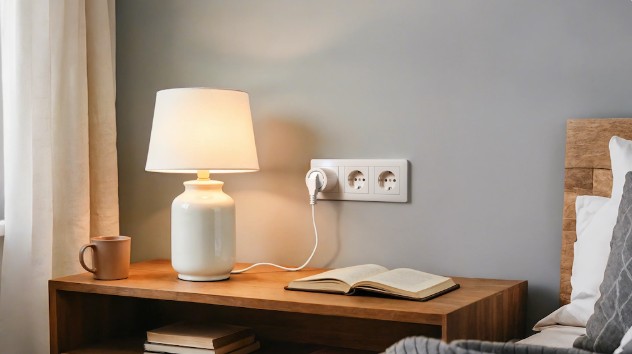 AQARA Power Plug H2 EU (RGB) napájející stolní lampu s možností vzdáleného ovládání a automatizací.