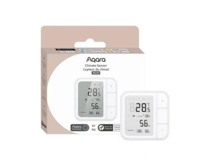 Balení AQARA Climate Sensor W100 se senzorem teploty a vlhkosti s LCD displejem.