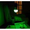 Shelly Multicolor Bulb E27 Gen3 svítící zeleným světlem v interiérové stolní lampě.