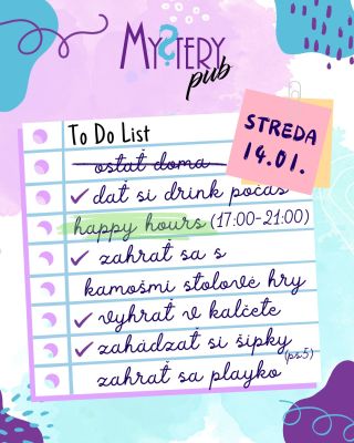 V dnešnú stredu je pre vás Mystery otvorené ako bežný pub! 😍 Príďte si k nám zahrať stolné hry, kalčeto, beerpong, šípky,...