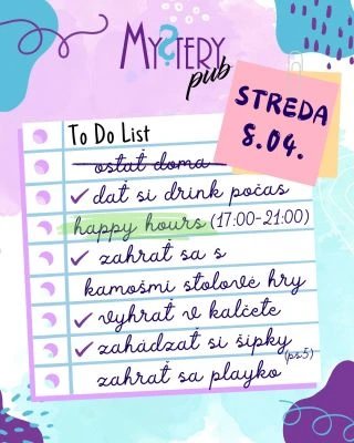 V túto stredu je pre vás Mystery otvorené ako bežný pub! 😍 Príďte si k nám zahrať stolné hry, kalčeto, beerpong, šípky,...