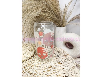 Sklenička s potiskem lebek a květin