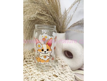 Sklenička s motivem Welsh Corgi a květin