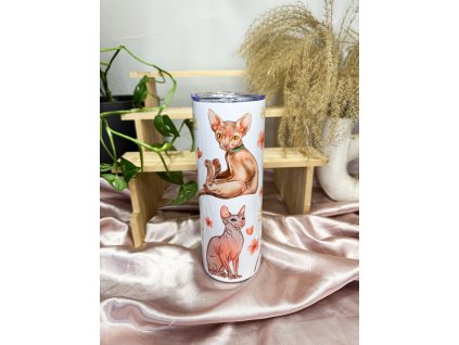 Termohrnek se sphynx kočkou, květinami a srdíčky