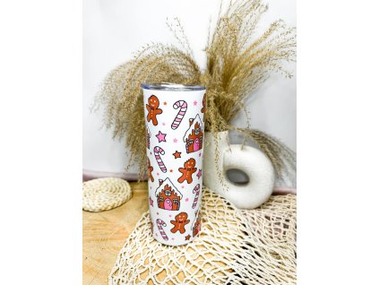 Vánoční termohrnek s motivem perníčků a zasněžených domečků