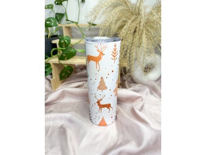 termoska s vánočním motivem jelenů a stromečků