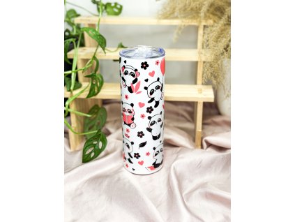termohrnek s roztomilými pandami a květinami