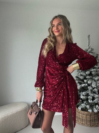 Flitrové zavinovací šaty MAGIC - burgundy