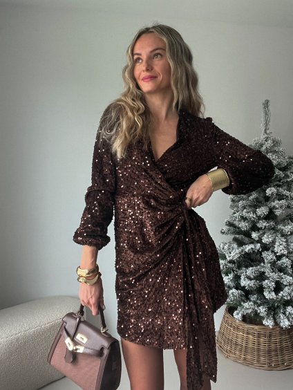 Flitrové zavinovací šaty MAGIC - hnědé