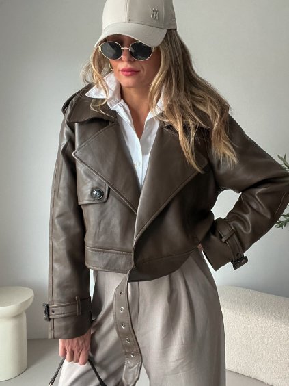 Koženková crop bunda NIKOS hnědá