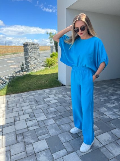 Modrý komplet FRANCISCO - volné kalhoty a crop top