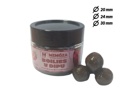 Mimóza Dipované boilies Jahoda Průměr: 30 mm balení 500 ml