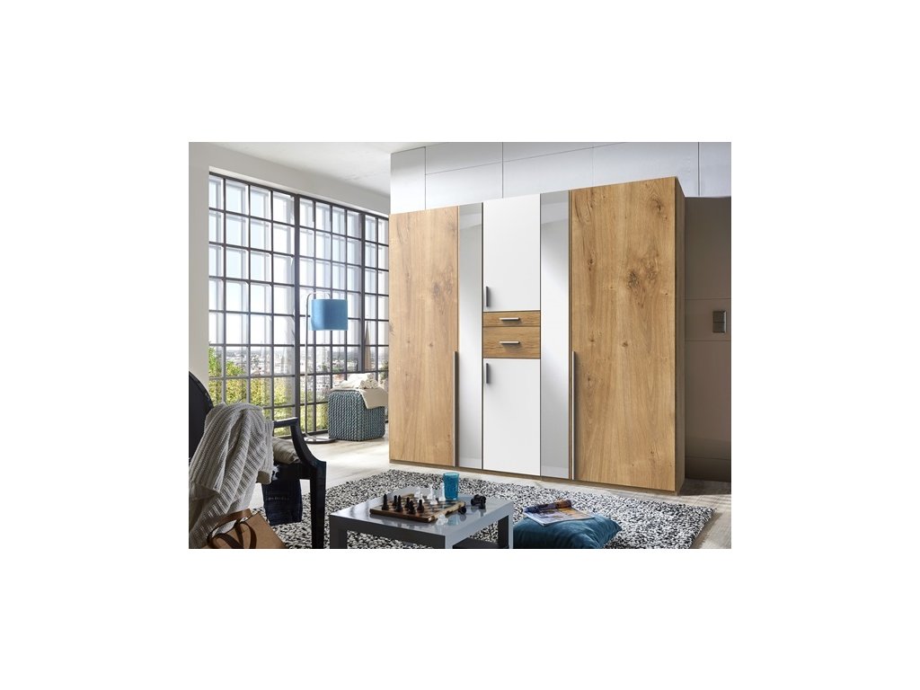 OTAVA D20 - 244-(Odesa) Šatní skříň VČETNĚ okrasné lišty- Dub planket/ bílá/ zrcadlo + OTAVA D20 - 768 -(Odesa=7 BALÍKŮ) Okrasná lišta ke skříni č.244 - Dub planket (WIM)***DO VYPRODÁNÍ