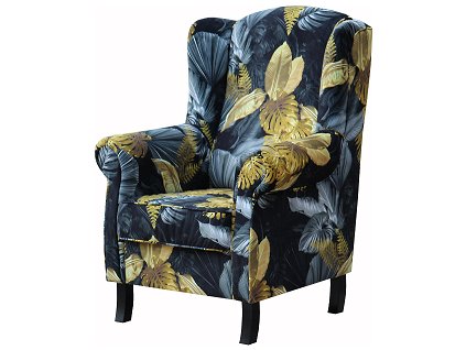 LEONARDO křeslo - ŠIRŠÍ, látka šedožluté listy KA 12617/ nožky venge - kolekce "E" (FE) (K250-E)