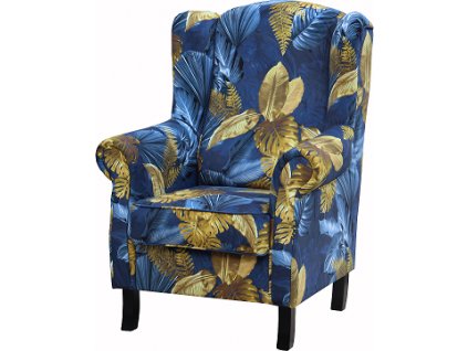 LEONARDO křeslo - ŠIRŠÍ, látka modrožluté listy KA 12613/nožky  venge - kolekce "E" (FE)***VÝPRODEJ