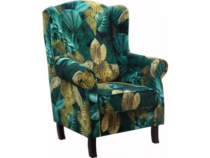 LEONARDO křeslo - ŠIRŠÍ, látka zelenožluté listy KA 12609/nožky venge - kolekce "E" (FE) (K250-E)