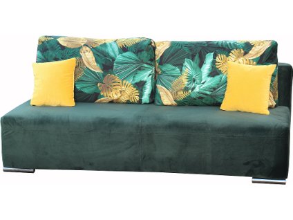 BODO pohovka rozkládací , látka tmavě zelená KA12612/polštáře opěrné velké KA12609-zelenožluté listy/dek. polštářky KA12618 žlutá  (FE) - kolekce "E" (K250)NOVINKA