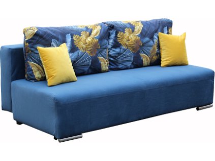 BODO pohovka rozkládací , látka tm.modrá KA12615/polštáře opěrné velké KA12613-modrožluté listy/dek. polštářky KA12618 žlutá (FE) - kolekce "E" (K250)NOVINKA