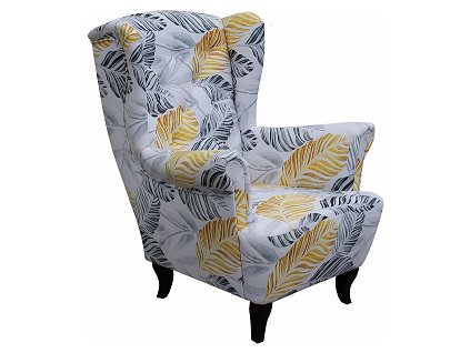 LUDWIG -křeslo ,látka KA12634-vzor sv.šedá-šedožluté listy/nohy wenge  kolekce - "E" (FE) (K250-E)