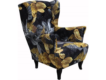 LUDWIG -křeslo ,látka KA12617-vzor černá-šedožluté listy listy/nohy wenge  kolekce - "E" (FE) (K250-E)